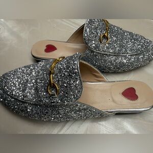 Silver Glitter Loafer Horsebit Mules